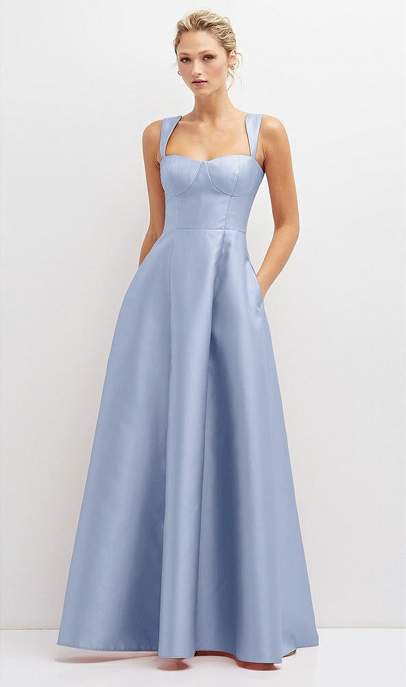 Front View - Sky Blue Lace-Up Back Bustier Satin Dress with Full Skirt and Pockets