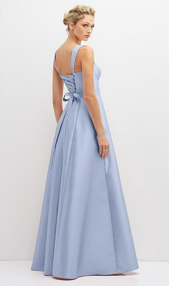 Back View - Sky Blue Lace-Up Back Bustier Satin Dress with Full Skirt and Pockets