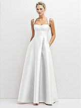Front View Thumbnail - White Lace-Up Back Bustier Satin Dress with Full Skirt and Pockets
