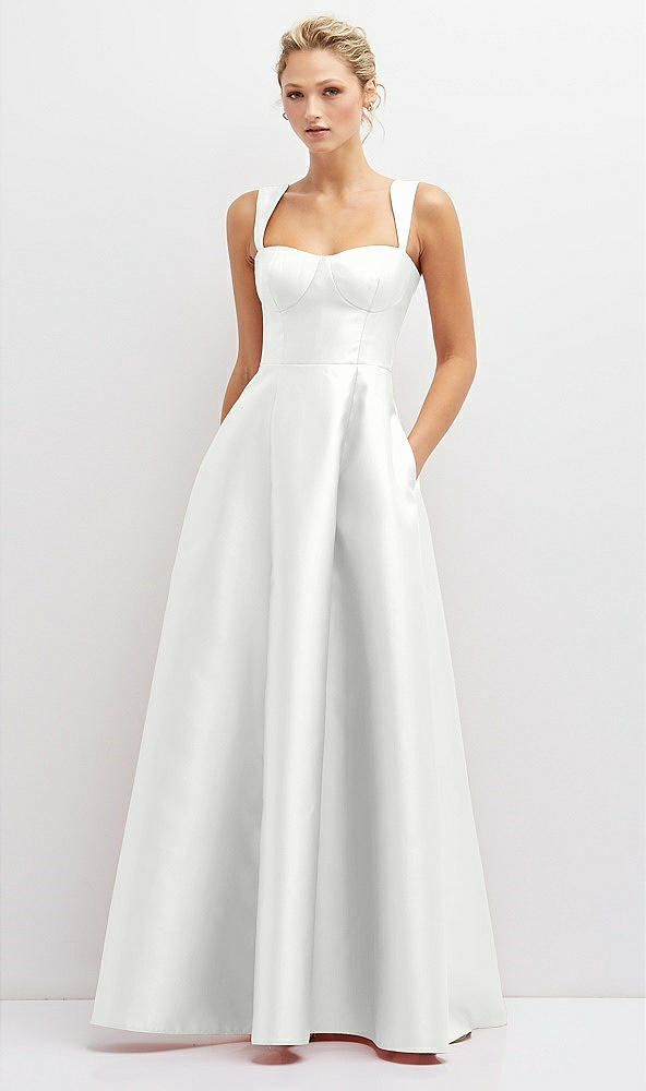 Front View - White Lace-Up Back Bustier Satin Dress with Full Skirt and Pockets