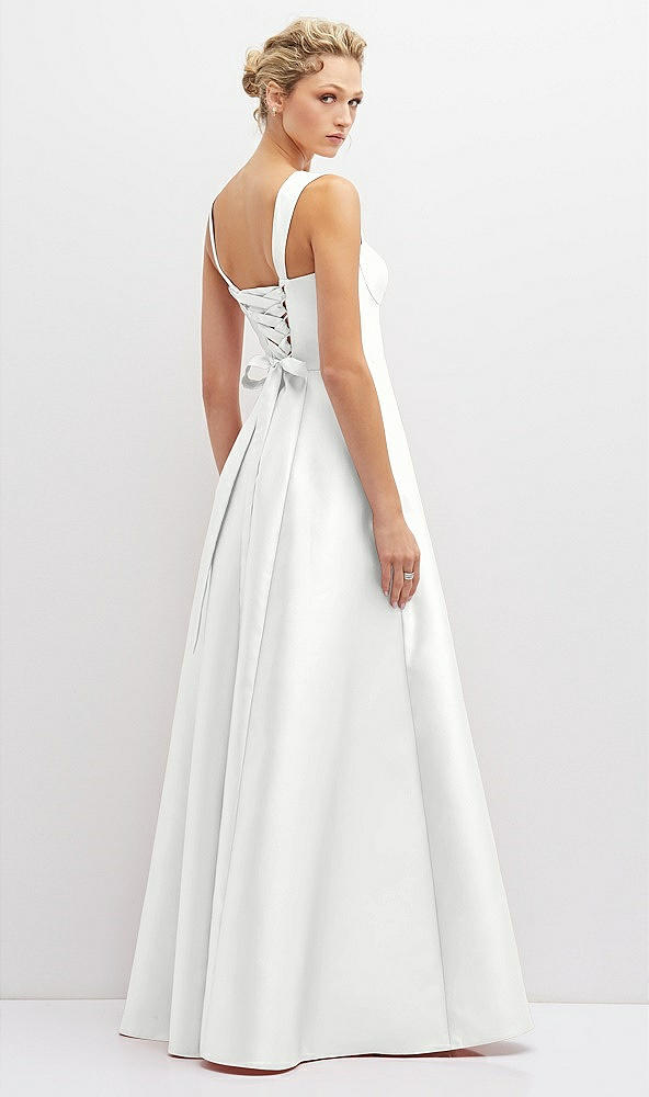 Back View - White Lace-Up Back Bustier Satin Dress with Full Skirt and Pockets