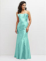 Front View Thumbnail - Coastal Strapless Satin Fit and Flare Dress with Crumb-Catcher Bodice