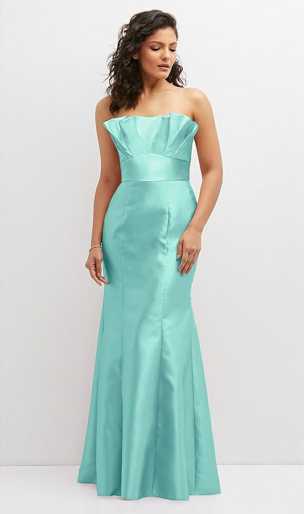 Front View - Coastal Strapless Satin Fit and Flare Dress with Crumb-Catcher Bodice