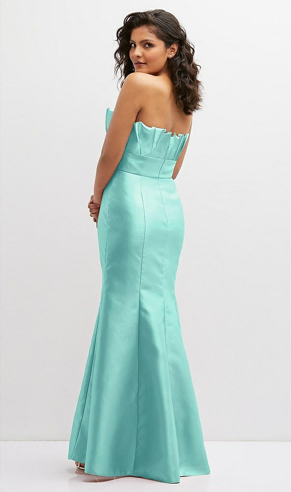 Back View - Coastal Strapless Satin Fit and Flare Dress with Crumb-Catcher Bodice