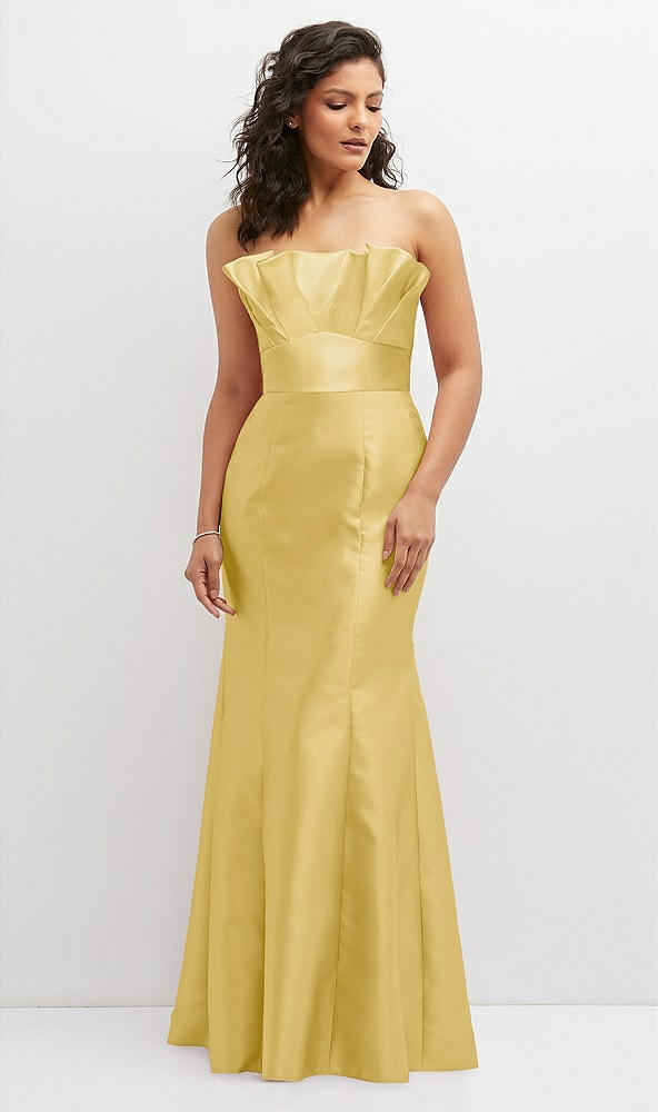 Front View - Maize Strapless Satin Fit and Flare Dress with Crumb-Catcher Bodice