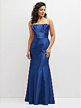 Front View Thumbnail - Classic Blue Strapless Satin Fit and Flare Dress with Crumb-Catcher Bodice