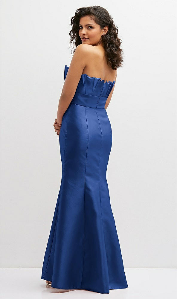 Back View - Classic Blue Strapless Satin Fit and Flare Dress with Crumb-Catcher Bodice