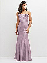 Front View Thumbnail - Suede Rose Strapless Satin Fit and Flare Dress with Crumb-Catcher Bodice