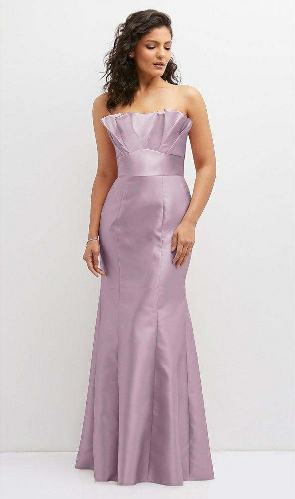 Front View - Suede Rose Strapless Satin Fit and Flare Dress with Crumb-Catcher Bodice