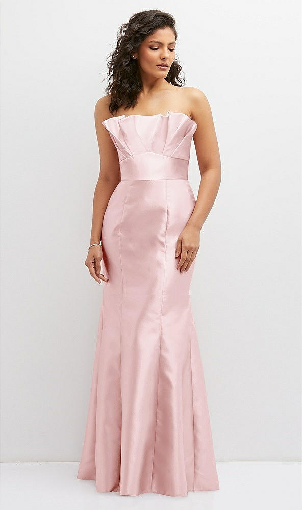 Front View - Ballet Pink Strapless Satin Fit and Flare Dress with Crumb-Catcher Bodice