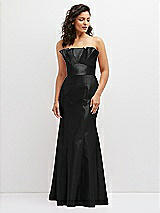 Front View Thumbnail - Black Strapless Satin Fit and Flare Dress with Crumb-Catcher Bodice