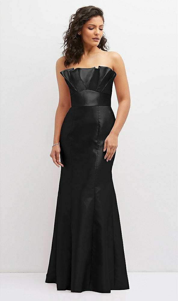 Front View - Black Strapless Satin Fit and Flare Dress with Crumb-Catcher Bodice