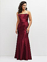 Front View Thumbnail - Burgundy Strapless Satin Fit and Flare Dress with Crumb-Catcher Bodice
