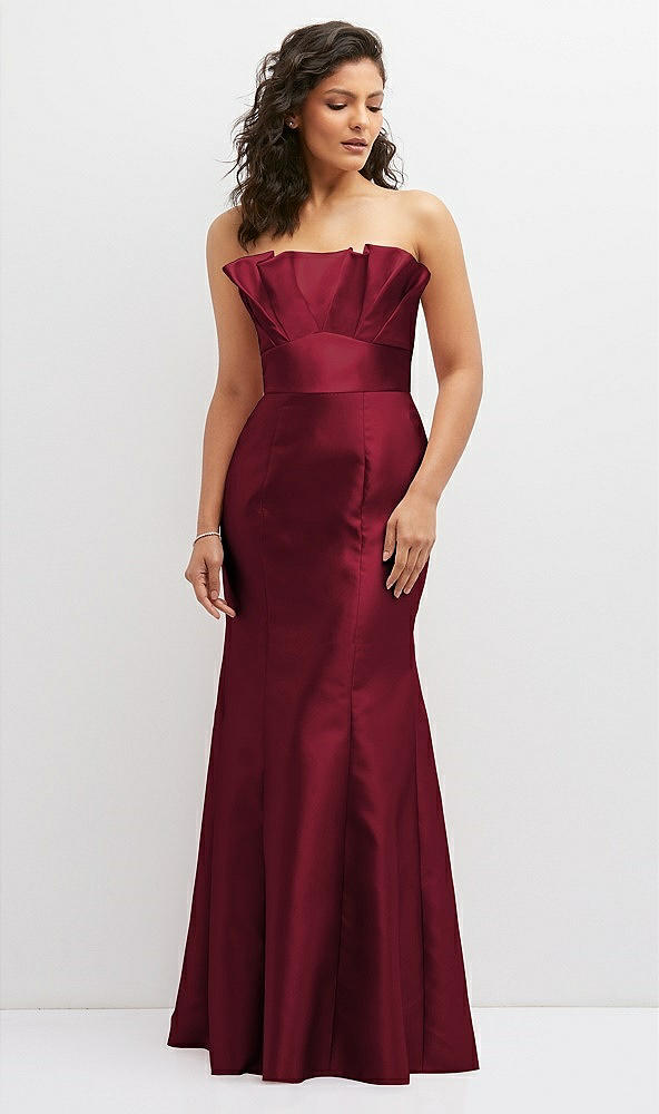 Front View - Burgundy Strapless Satin Fit and Flare Dress with Crumb-Catcher Bodice