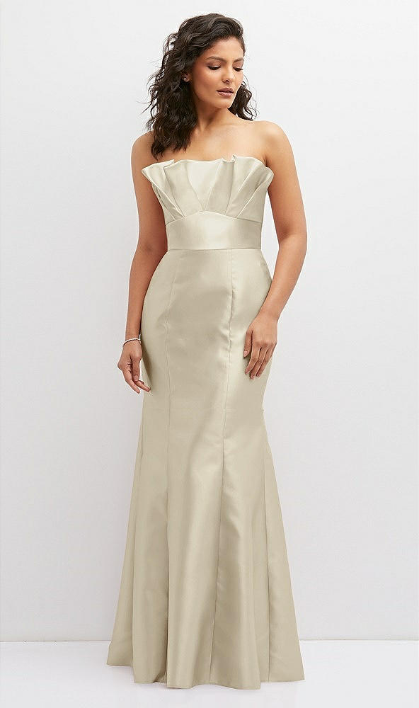 Front View - Champagne Strapless Satin Fit and Flare Dress with Crumb-Catcher Bodice