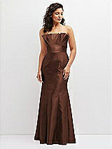 Front View Thumbnail - Cognac Strapless Satin Fit and Flare Dress with Crumb-Catcher Bodice