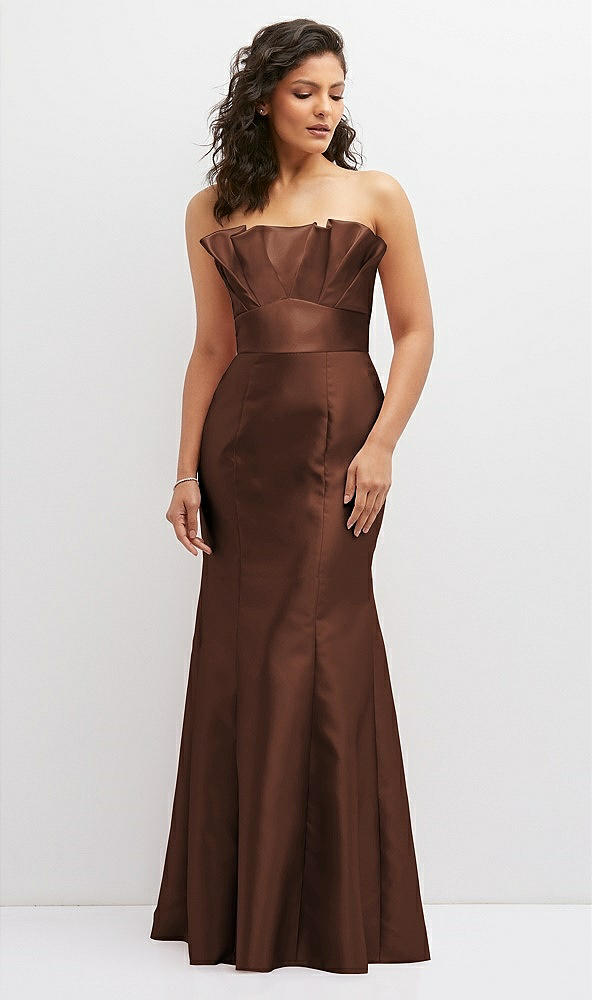Front View - Cognac Strapless Satin Fit and Flare Dress with Crumb-Catcher Bodice