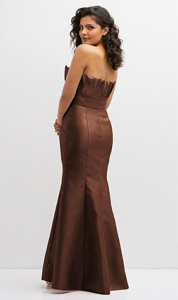 Back View - Cognac Strapless Satin Fit and Flare Dress with Crumb-Catcher Bodice