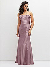 Front View Thumbnail - Dusty Rose Strapless Satin Fit and Flare Dress with Crumb-Catcher Bodice