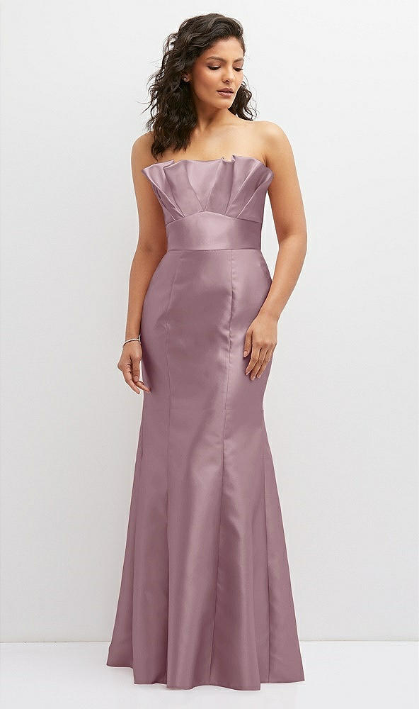 Front View - Dusty Rose Strapless Satin Fit and Flare Dress with Crumb-Catcher Bodice