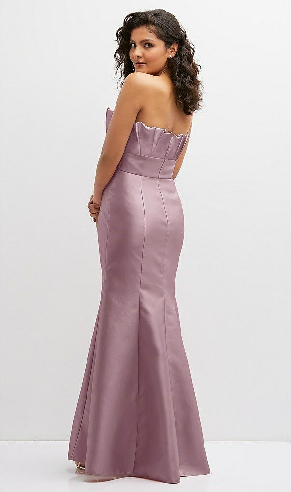Back View - Dusty Rose Strapless Satin Fit and Flare Dress with Crumb-Catcher Bodice