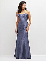 Front View Thumbnail - French Blue Strapless Satin Fit and Flare Dress with Crumb-Catcher Bodice