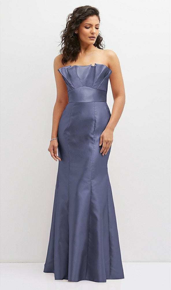 Front View - French Blue Strapless Satin Fit and Flare Dress with Crumb-Catcher Bodice