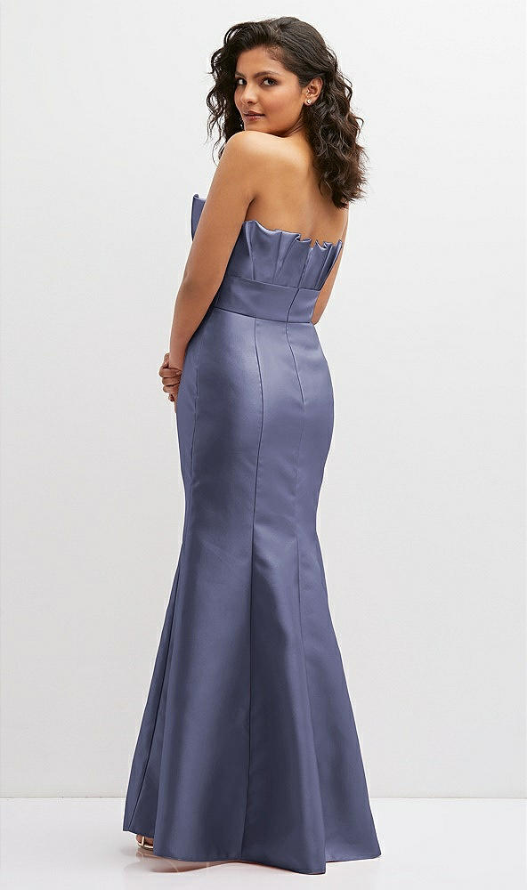 Back View - French Blue Strapless Satin Fit and Flare Dress with Crumb-Catcher Bodice