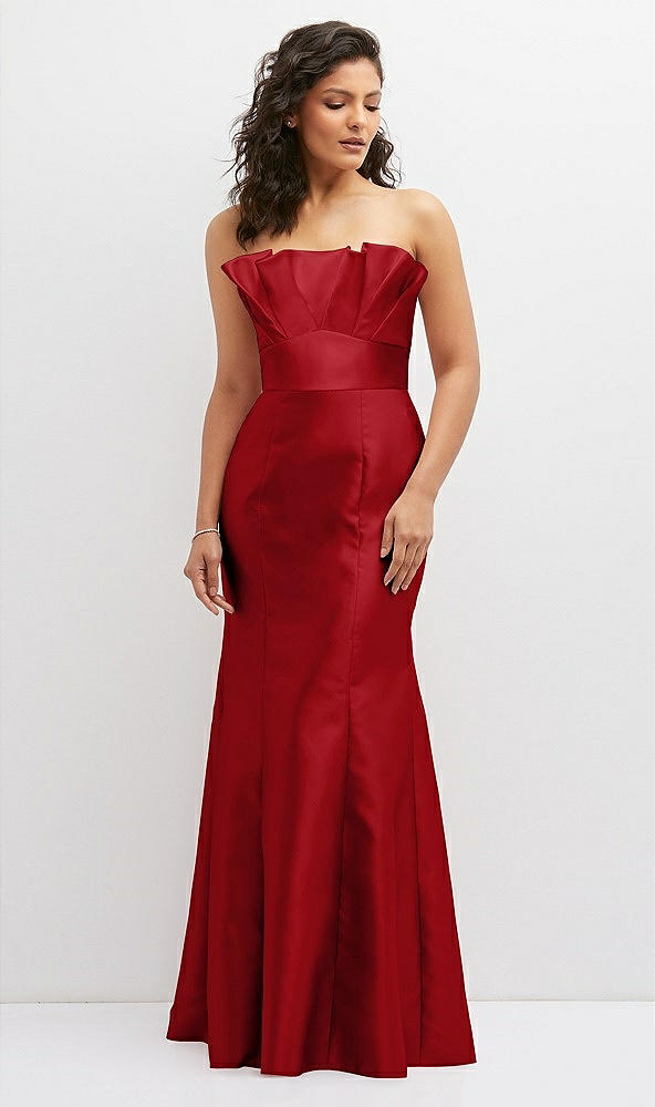 Front View - Garnet Strapless Satin Fit and Flare Dress with Crumb-Catcher Bodice