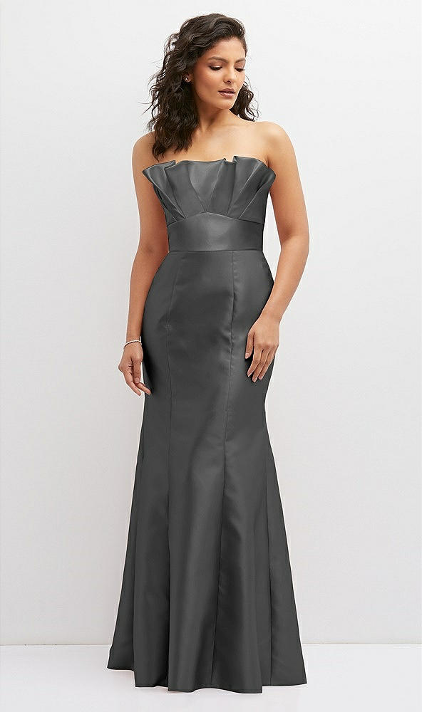 Front View - Gunmetal Strapless Satin Fit and Flare Dress with Crumb-Catcher Bodice