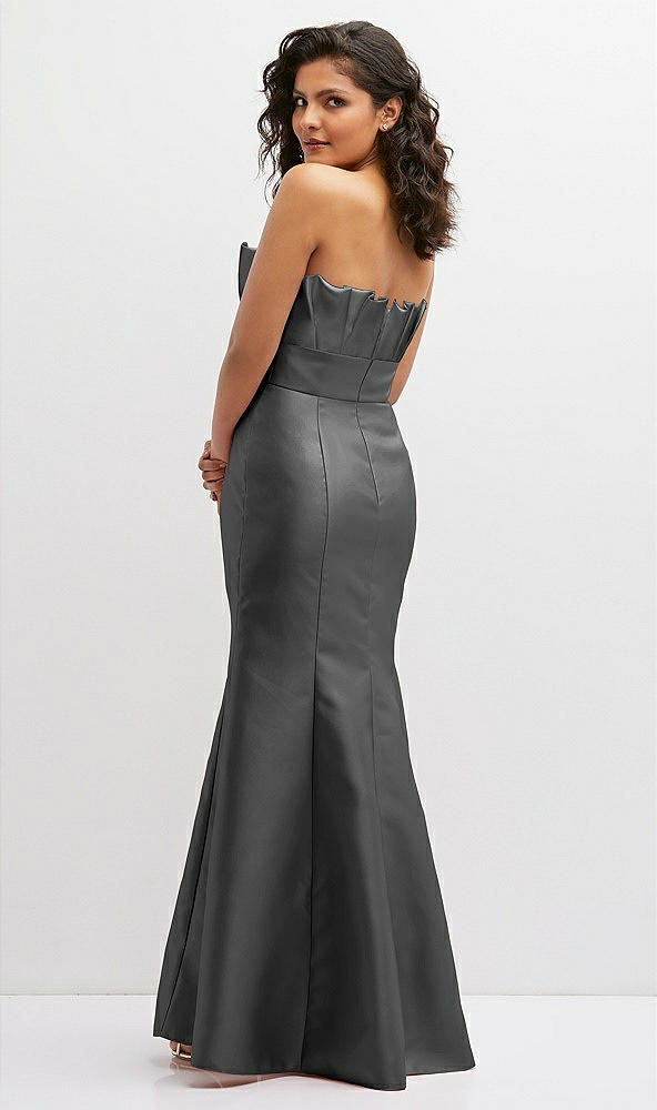 Back View - Gunmetal Strapless Satin Fit and Flare Dress with Crumb-Catcher Bodice