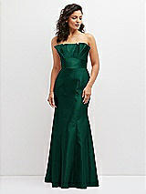 Front View Thumbnail - Hunter Green Strapless Satin Fit and Flare Dress with Crumb-Catcher Bodice
