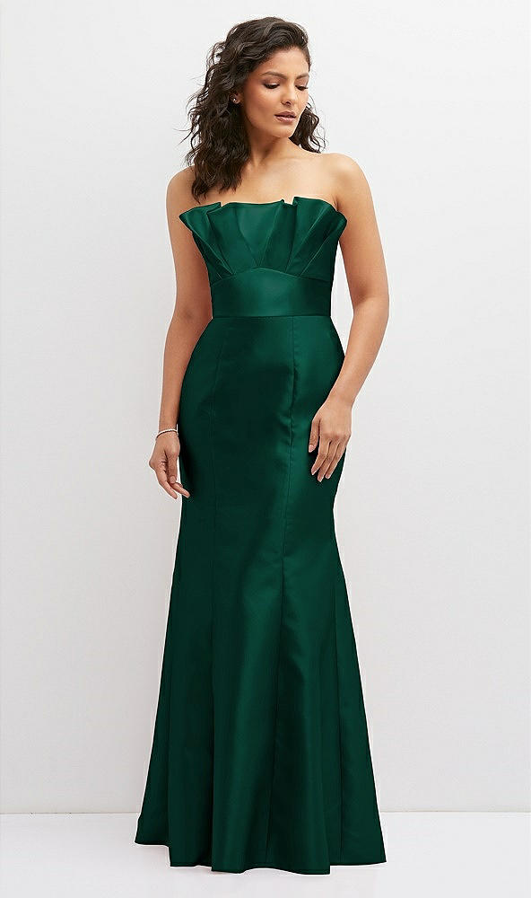 Front View - Hunter Green Strapless Satin Fit and Flare Dress with Crumb-Catcher Bodice
