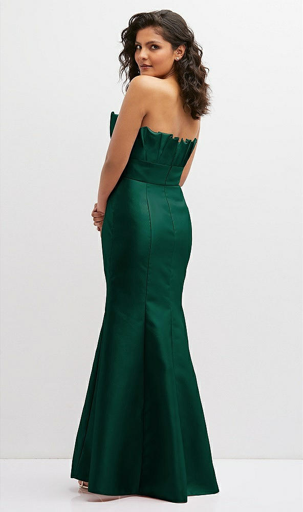 Back View - Hunter Green Strapless Satin Fit and Flare Dress with Crumb-Catcher Bodice
