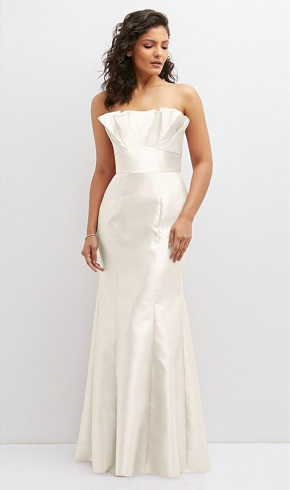 Front View - Ivory Strapless Satin Fit and Flare Dress with Crumb-Catcher Bodice
