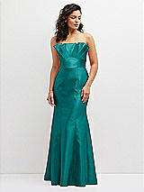 Front View Thumbnail - Jade Strapless Satin Fit and Flare Dress with Crumb-Catcher Bodice