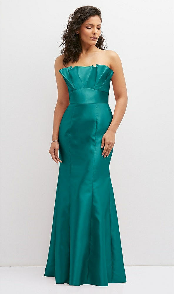 Front View - Jade Strapless Satin Fit and Flare Dress with Crumb-Catcher Bodice
