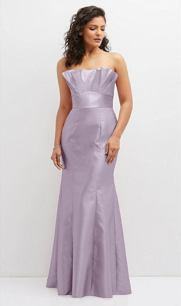 Front View - Lilac Haze Strapless Satin Fit and Flare Dress with Crumb-Catcher Bodice