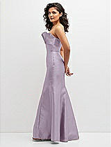 Side View Thumbnail - Lilac Haze Strapless Satin Fit and Flare Dress with Crumb-Catcher Bodice