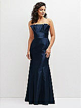 Front View Thumbnail - Midnight Navy Strapless Satin Fit and Flare Dress with Crumb-Catcher Bodice