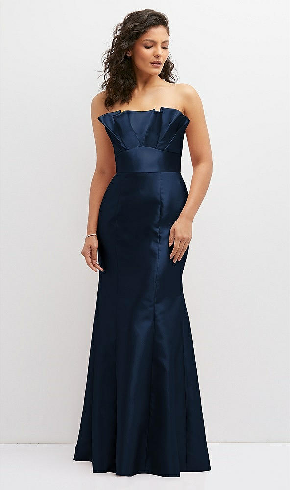 Front View - Midnight Navy Strapless Satin Fit and Flare Dress with Crumb-Catcher Bodice