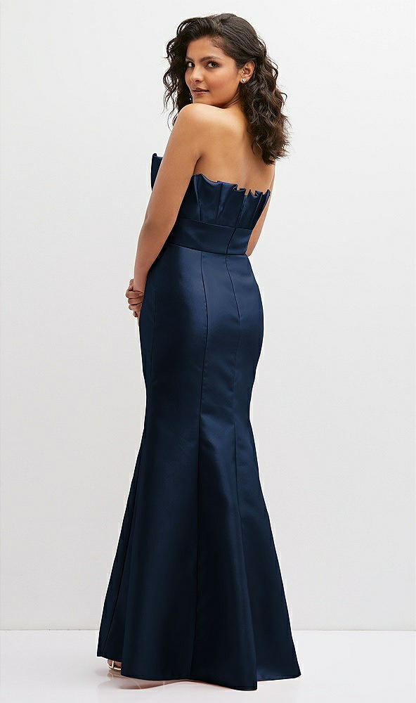 Back View - Midnight Navy Strapless Satin Fit and Flare Dress with Crumb-Catcher Bodice