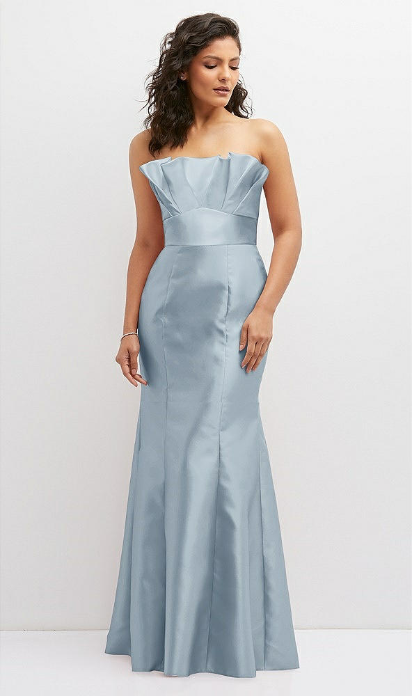 Front View - Mist Strapless Satin Fit and Flare Dress with Crumb-Catcher Bodice