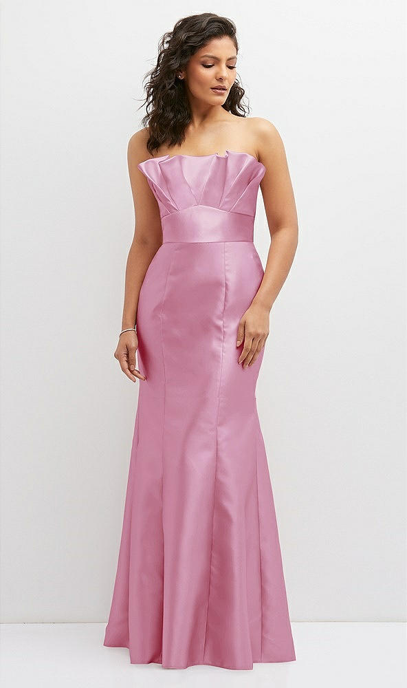 Front View - Powder Pink Strapless Satin Fit and Flare Dress with Crumb-Catcher Bodice