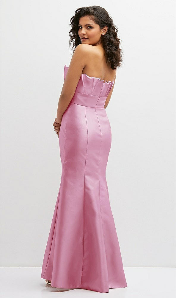 Back View - Powder Pink Strapless Satin Fit and Flare Dress with Crumb-Catcher Bodice