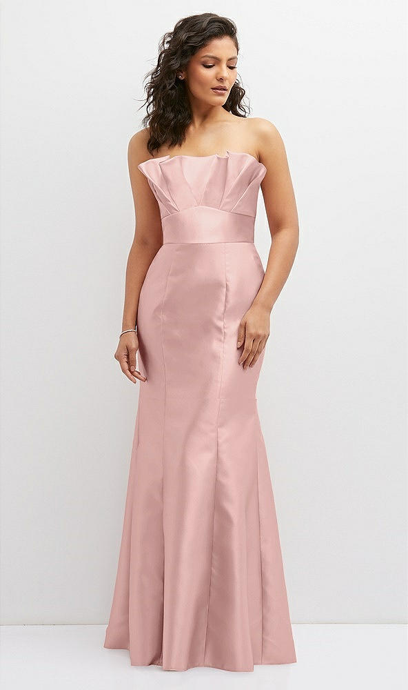 Front View - Rose - PANTONE Rose Quartz Strapless Satin Fit and Flare Dress with Crumb-Catcher Bodice