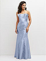 Front View Thumbnail - Sky Blue Strapless Satin Fit and Flare Dress with Crumb-Catcher Bodice