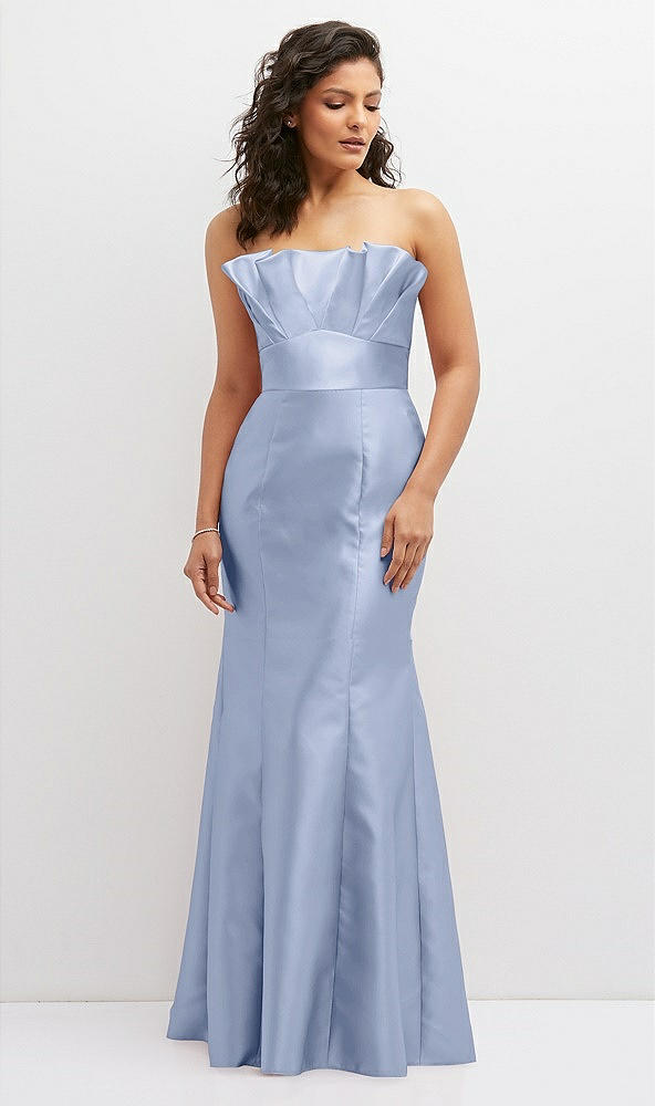 Front View - Sky Blue Strapless Satin Fit and Flare Dress with Crumb-Catcher Bodice