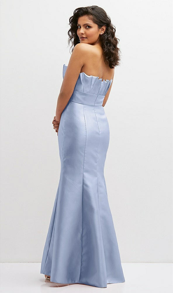 Back View - Sky Blue Strapless Satin Fit and Flare Dress with Crumb-Catcher Bodice