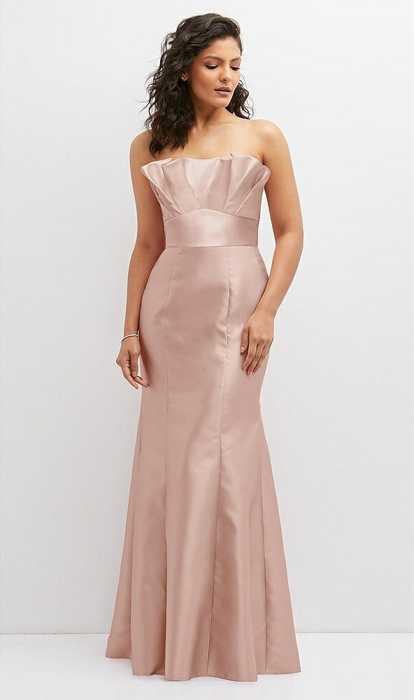 Front View - Toasted Sugar Strapless Satin Fit and Flare Dress with Crumb-Catcher Bodice